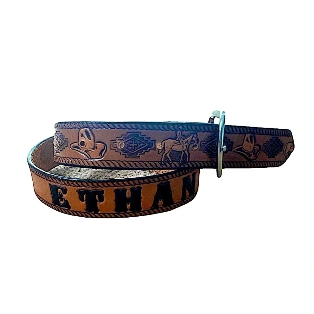 LONGHORN Leather & Buckle Ethan Tooled Belt Brown w/Silver Buckle Youth Size 28.